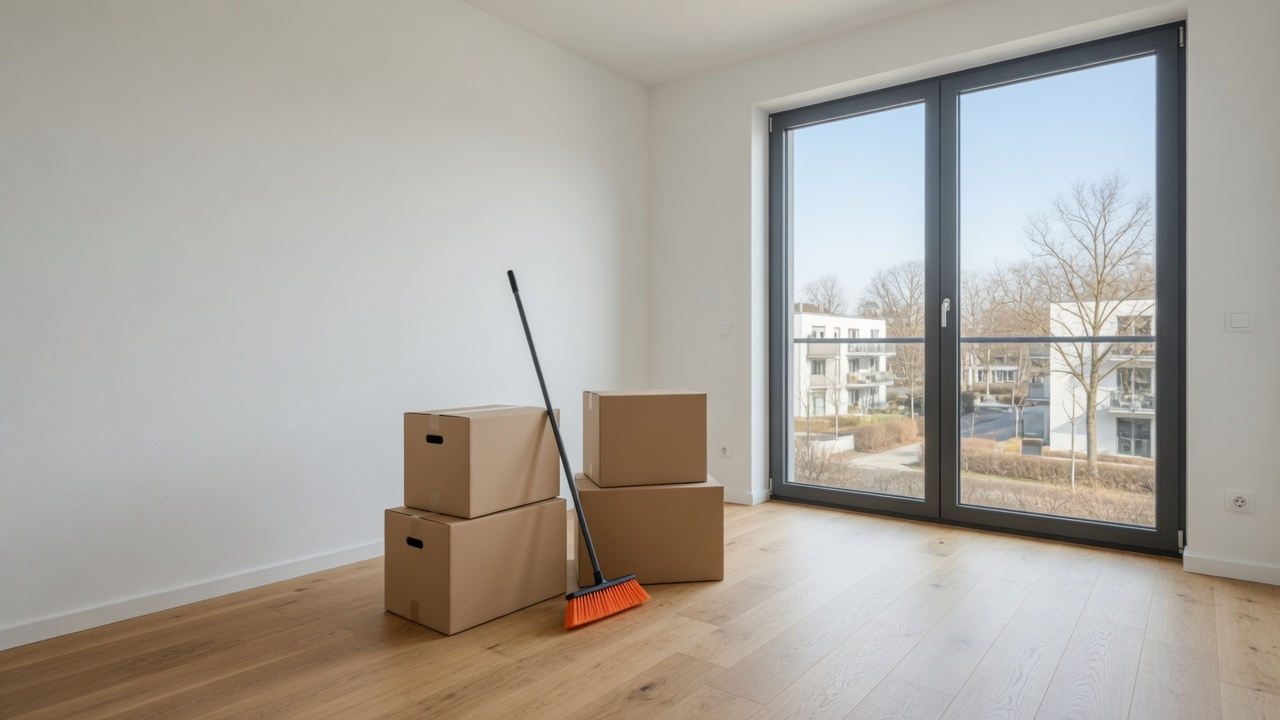 Illustration: leere Wohnung mit Umzugskartons und Besen.
