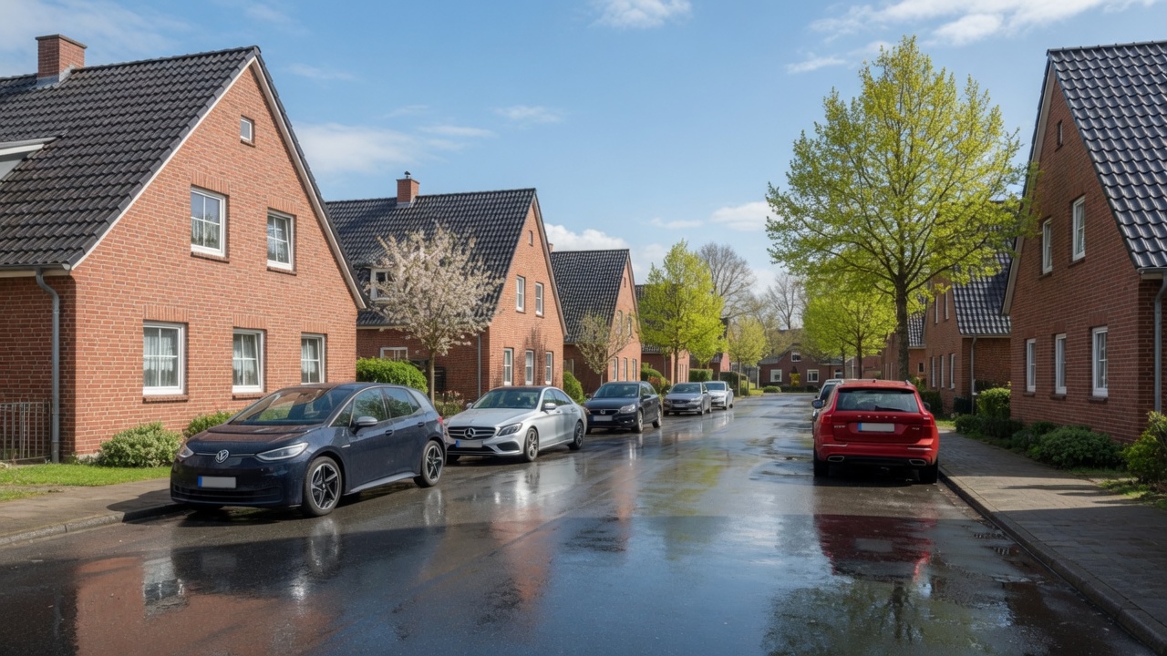 Illustration: nasse Dorfstraße mit Ziegelhäusern.