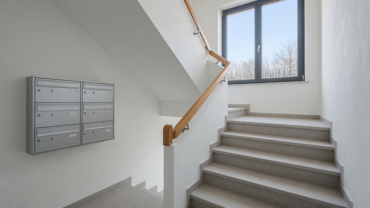 Illustration: Treppenhaus mit Briefkästen in einem Mehrfamilienhaus.